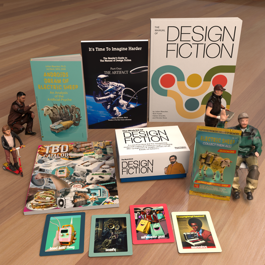 Books, ideation cards, catalogs from future worlds.